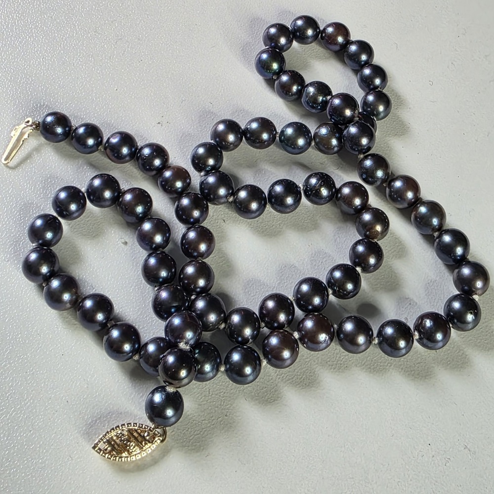 65-Pearl 14K Gold Necklace 17" Knotted Dyed Peacock Black Freshwater 5.5mm